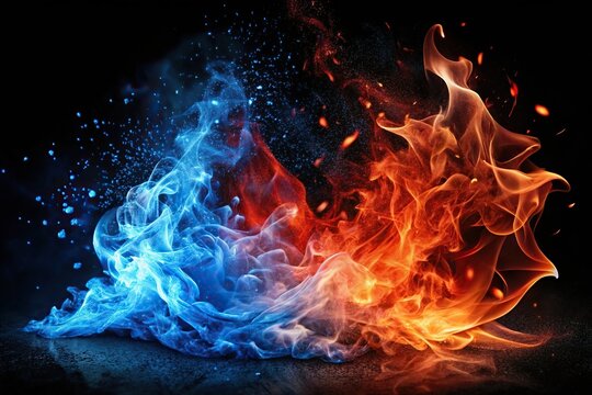 Abstract blue and red fire contrast on black background with flames and sparks