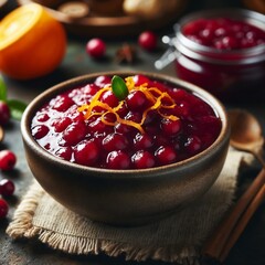 Vibrant cranberry sauce with whole berries in rustic bowl for holiday dining