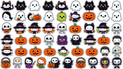 Obraz premium Set of cute Halloween cartoon characters featuring ghosts, pumpkins, witches, skeletons, vampires, and monsters. Ideal for Halloween stickers and decorations.
