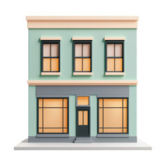 Obraz premium 3D minimalist green building with large windows and a symmetrical facade, three windows on the upper floor and two large windows flanking the entrance. Isolated on transparent background, png.