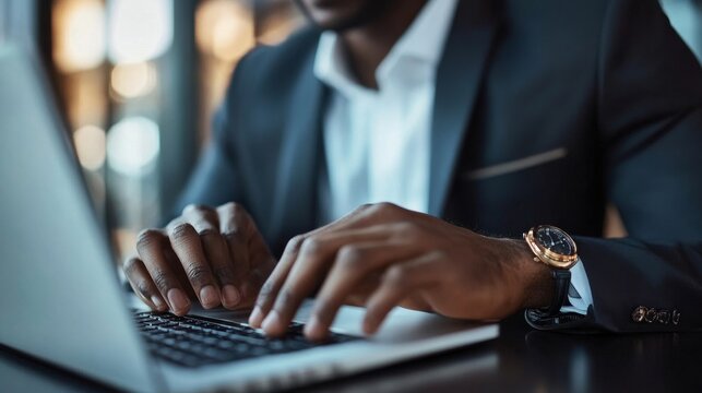 Black man typing on laptop computer, human resources. Ai illustration, Generative AI