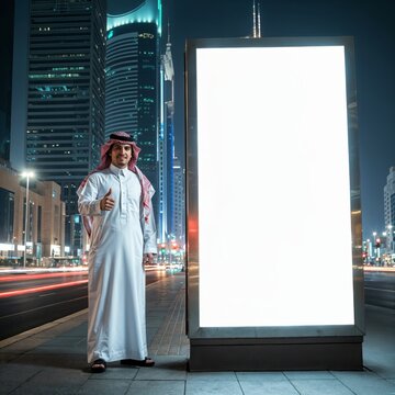 Full length portrait of satisfied friendly saudi person lean empty space proposition blank on street. Billboard mockup
