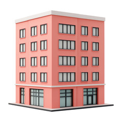 Obraz premium 3D pink apartment building with multiple floors and large windows. Feature clean lines, several windows on each side, and commercial space on the ground floor. Isolated on transparent background, png.