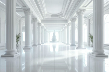 White interior of luxury lobby of modern hotel with clean shiny floor in hall and roman columns from Generative AI