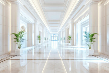 White interior of luxury lobby of modern hotel with clean shiny floor in hall and roman columns from Generative AI