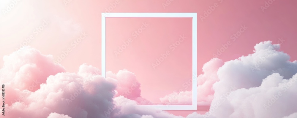 Aufkleber pink clouds with empty white frame, dreamy atmosphere. creative concept and artistic design