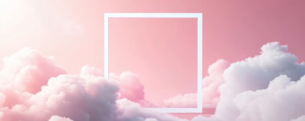 Pink clouds with empty white frame, dreamy atmosphere. Creative concept and artistic design