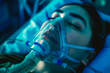 woman patient wearing oxygen mask sleeping on hospital bed, Pre oxygenation for general anesthesia. Surgery equipment