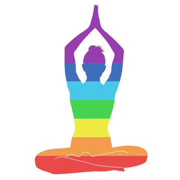 Silhouettes of girl in rainbow colors practicing meditation in lotus yoga pose. Yoga woman icons for healthy life conception.