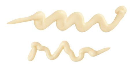 Mayonnaise smear isolated. Mayonnaise drop and splash set. Zigzac lines of mayonnaise sauce on white background. Top view. Flat lay..