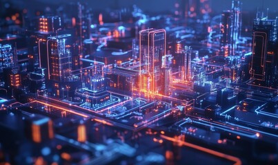 A futuristic image illustrating the concept of a smart factory. Advanced technology like AI, IoT and robotics in manufacturing processes for greater efficiency and productivity. Generative AI