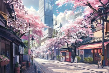 Obraz premium A vibrant city street lined with cherry blossoms, blending nature and urban life.