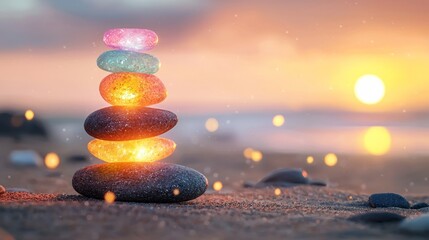 stack of stones in many pastel colors lined up on the sand at the beach.