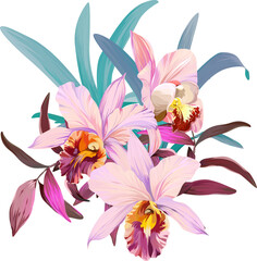 Naklejka premium Bouquet of tropical flowers. Summer bouquet of flowers. Camellia, rose, hibiscus, orchid, plumeria, paradise flowers. Exotic, tropical