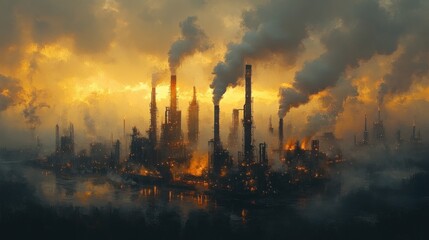 Industrial Skyline Silhouette Against a Fiery Sunset