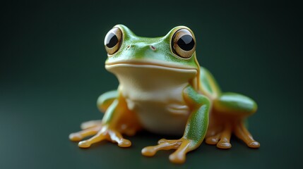 Obraz premium A cute green frog with big eyes sits on a green background.
