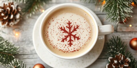 A cozy cup of Christmas-themed coffee with a snowflake design on top.