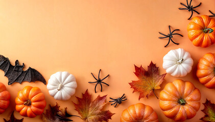 Festive Halloween scene featuring pumpkins, decorative bats, spiders, and autumn leaves on a warm orange backdrop. Ideal for celebrating the fall season and creating a spooky atmosphere.