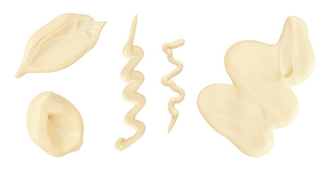 Mayonnaise smear isolated. Mayonnaise drop and splash set. Wavy lines of mayonnaise sauce on white background. Top view. Flat lay.