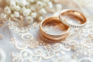 Close-up of gold wedding rings on an embroidered lace fabric with small white flowers. Elegant and romantic detail for wedding themes. Generative AI