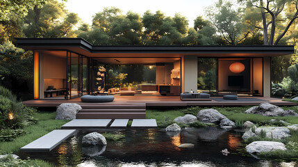 A serene 3D design of a modern Feng Shui home.