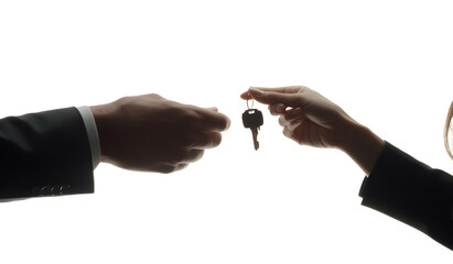 Man handing over a house key to a woman symbolizing a new beginning or homeownership design