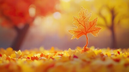 Close up of a yellow autumn leaf with a bright orange tree set against a blurred bokeh background showcasing vibrant golden hues in a sunny park