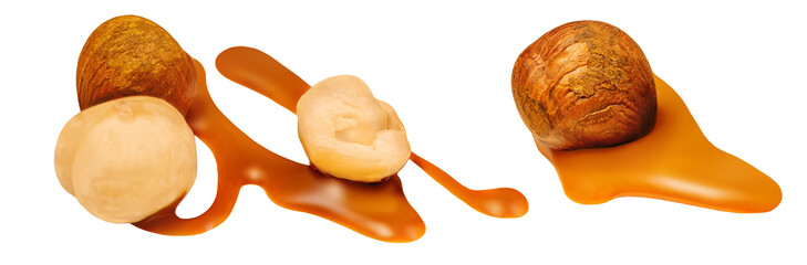 Melting caramel sauce and Hazelnuts isolated. Flowing liquid caramel with nuts on white background