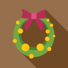 Christmas wreath with a red bow, decorated with golden christmas balls, hanging on a brown background