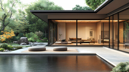 A serene 3D design of a modern Feng Shui home.