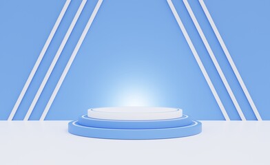 blue and white pedestal Blue background with neon lights for premium product display, 3D rendering.	