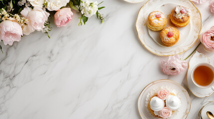 Delight in beautifully arranged table featuring pastries, flowers, and tea. elegant setup showcases sweet treats alongside fresh blooms, creating serene atmosphere