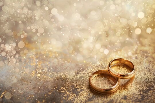 Two gold wedding rings surrounded by shimmering glitter and bokeh lights on a soft golden background. Generative AI