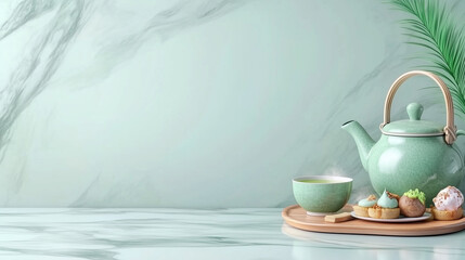 serene tea setup featuring green teapot, bowl of tea, and assortment of delightful pastries on wooden tray against soft marble background