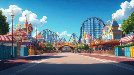 Fototapeta premium Travel lockers at theme park entrance with thrilling roller coasters and attractions nearby.