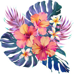 Bouquet of tropical flowers. Summer bouquet of flowers. Camellia, rose, hibiscus, orchid, plumeria, paradise flowers. Exotic, tropical