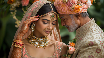 Beautiful Indian woman in a stunning wedding dress and her father  standing side by side, with the father gently placing his hand on her head in a blessing under a lavish wedding arch