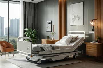 Stylish medical interior bed with cabinet, partition and mock up frame, Generative AI