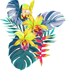 Bouquet of tropical flowers. Summer bouquet of flowers. Camellia, rose, hibiscus, orchid, plumeria, paradise flowers. Exotic, tropical