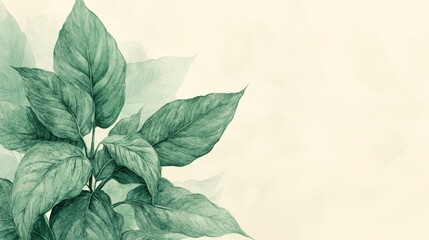 Green Watercolor Leaves on Cream Background
