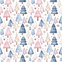 Pretty watercolour style seamless repeating pattern of cute pink & blue christmas trees, great for stationery and fabric.