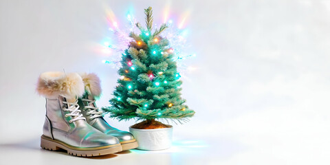 Cozy Cold Weather Scene: Flat Floating Holographic Pine Tree & Glowing Winter Boots with Copy Space - Simple Vector Illustration
