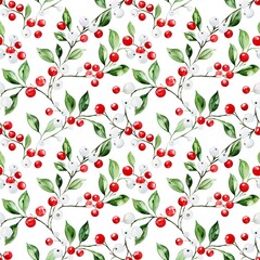 Pretty watercolour style seamless repeating pattern of misletoe, great for stationery and fabric.
