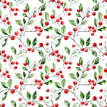 Pretty watercolour style seamless repeating pattern of misletoe, great for stationery and fabric.