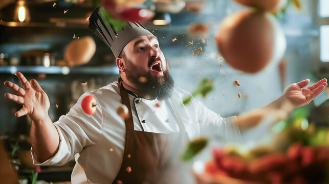 A chef with a beard and chef’s hat exuberantly throws fresh vegetables and fruits into the air, creating a lively atmosphere in a busy kitchen filled with activity