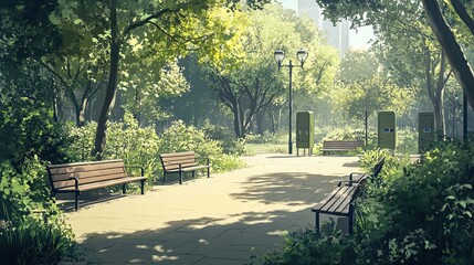 Obraz premium Serene park features integrated travel lockers within benches for convenience and relaxation.