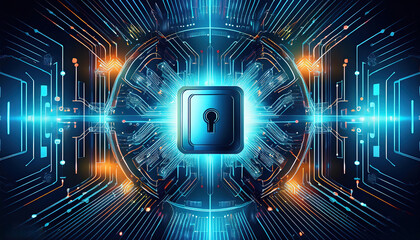 Safety closed Padlock on a digital circuit board . Concept of cybersecurity, cyber crime and data protection