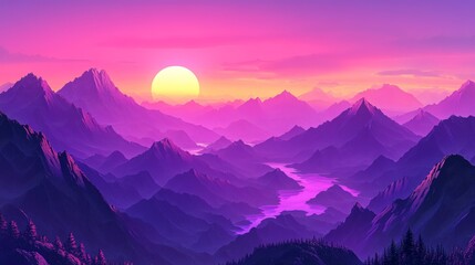 Obraz premium Purple Mountains Sunset Landscape with River