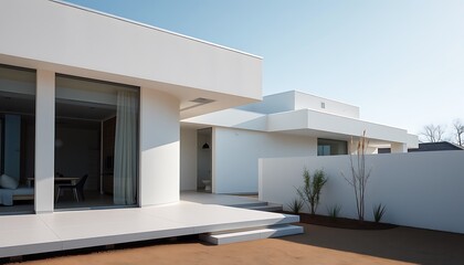 A minimalist modern house with clean lines, large glass windows, and an open, uncluttered exterior.