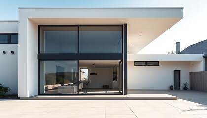 A minimalist modern house with clean lines, large glass windows, and an open, uncluttered exterior.